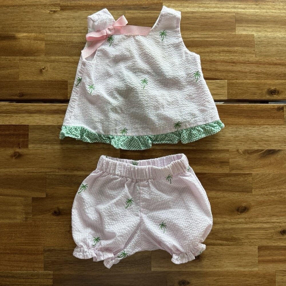 Funtasia Too Pink & White Baby Girls Set Seersucker Size 6 Month Palm Print Bow